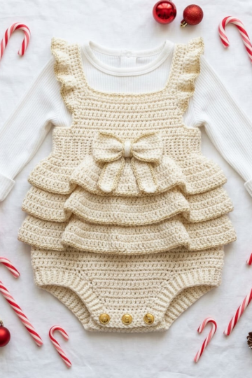 Cream and Gold Ruffled Baby Romper Free Crochet Pattern