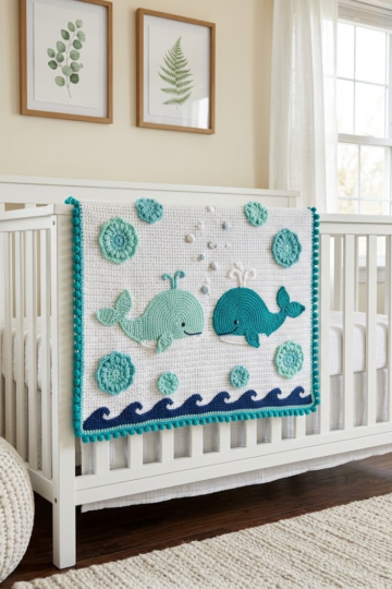 Mint Whale and Bubbles Baby Blanket Free Crochet Pattern