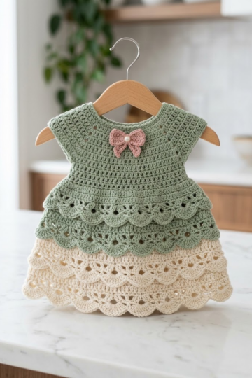 Sage Green Tiered Baby Dress Free Crochet Pattern