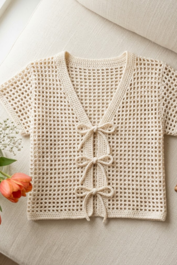 Cream White Lace Tie Cardigan Free Crochet Pattern