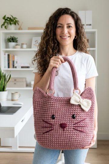 Dusty Rose Kitty Face Tote Bag Free Crochet Pattern