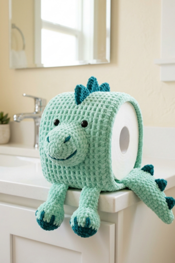 Mint Green Dinosaur Toilet Paper Cozy Free Crochet Pattern