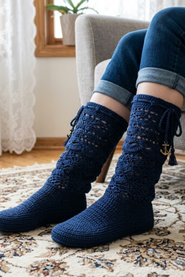 Navy Blue Coastal Crochet Summer Boots Free Pattern