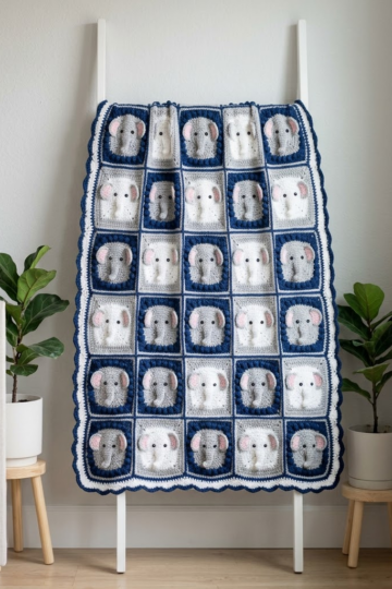 Navy Blue Elephant Granny Square Blanket Free Crochet Pattern
