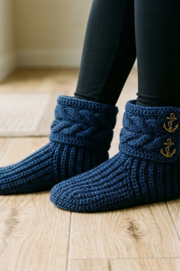 Navy Blue Nautical Slipper Boots Free Crochet Pattern