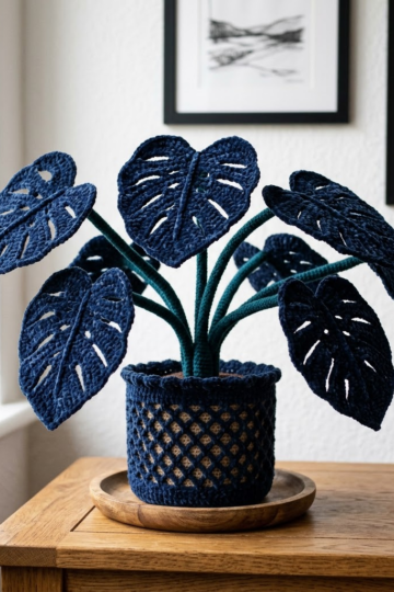 Navy Blue Velvet Monstera Crochet Plant Free Pattern