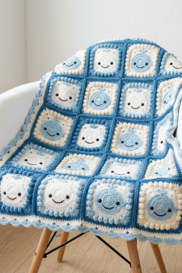 Ocean Blue Whale Granny Square Baby Blanket Free Pattern
