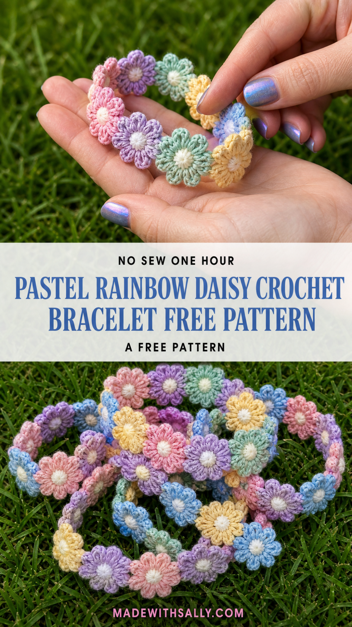 Pastel Rainbow Daisy Crochet Bracelet Free Pattern