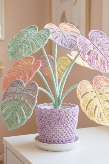 Pastel Rainbow Monstera Crochet Plant for Nursery