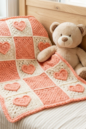 Peach Heart Granny Square Baby Blanket Free Crochet Pattern