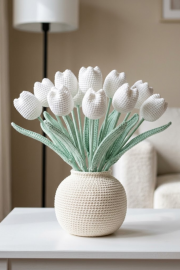 Winter White Tulip Crochet Vase Free Crochet Pattern