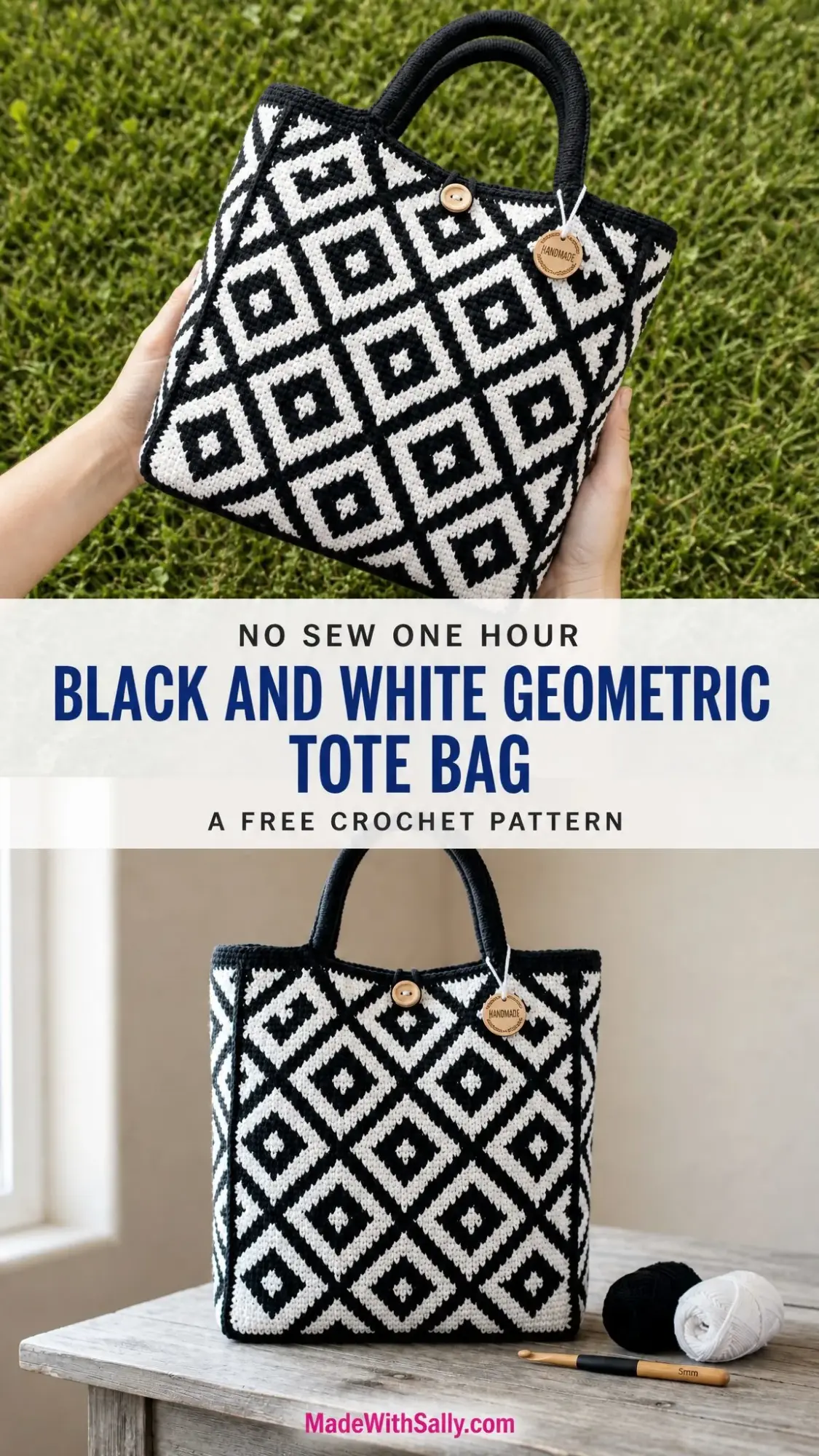 Black and White Geometric Tote Bag Free Crochet Pattern