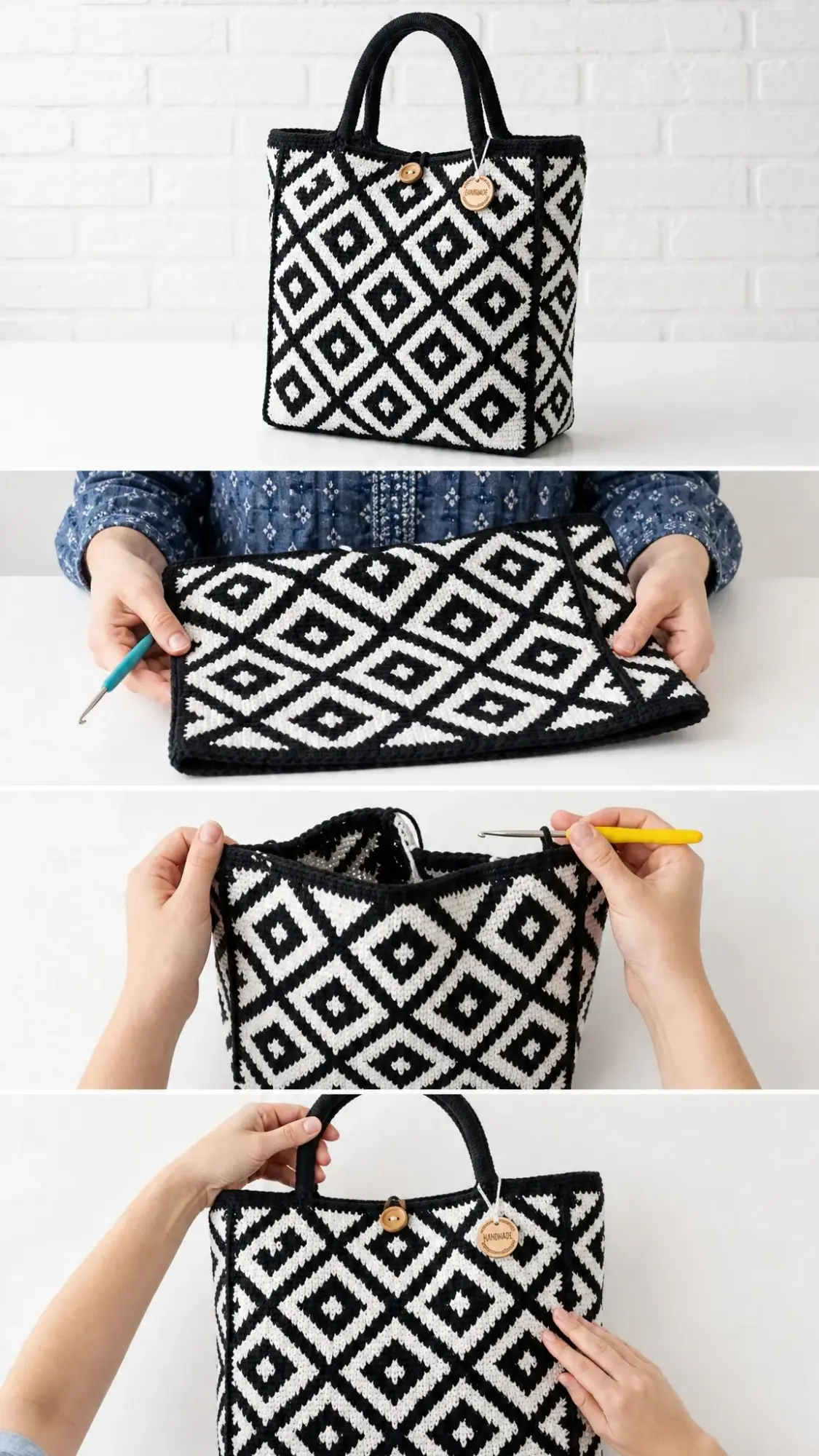 Black and White Geometric Tote Bag Free Crochet Pattern