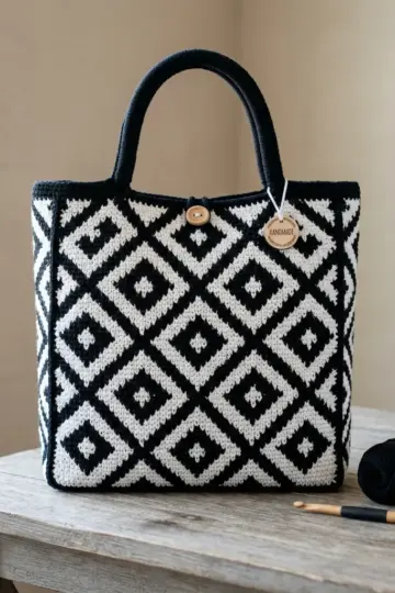 Black and White Geometric Tote Bag Free Crochet Pattern