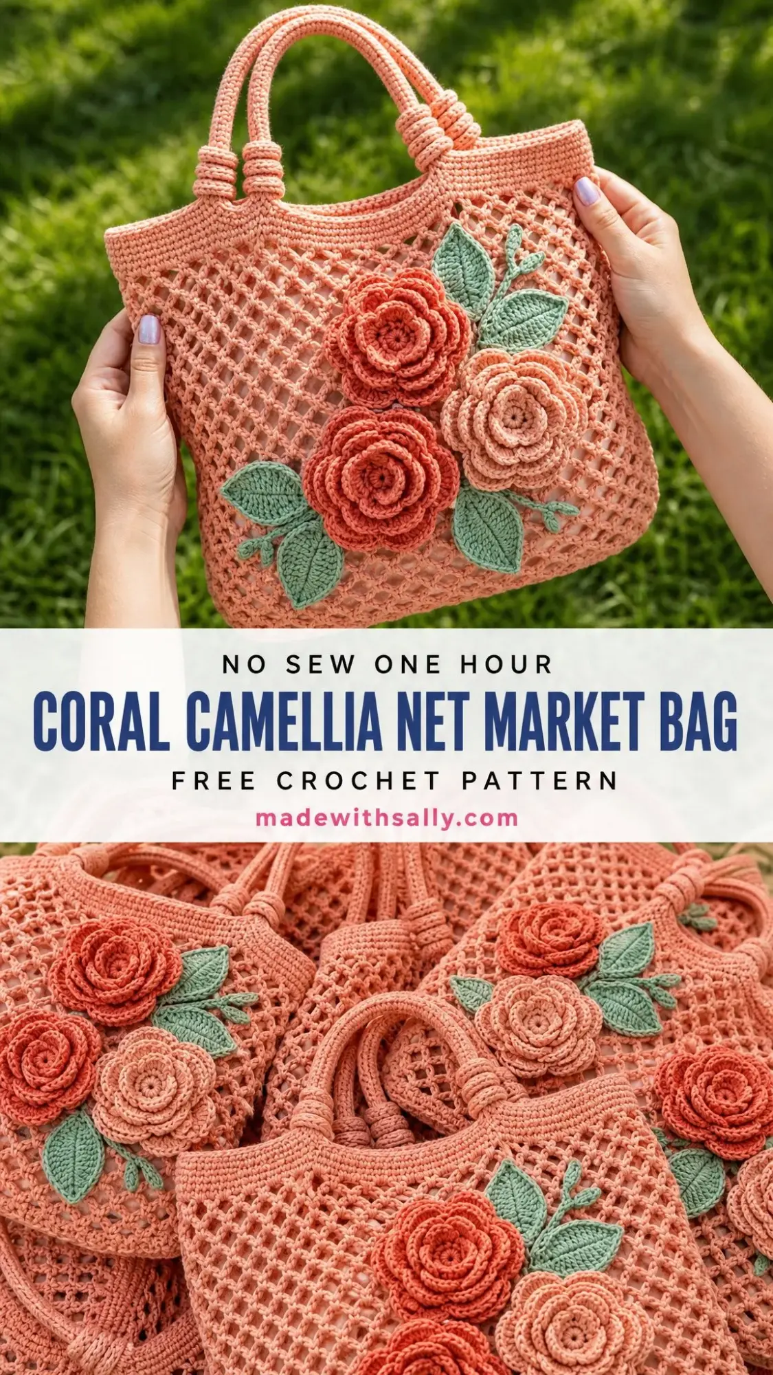 Coral Camellia Net Market Bag Free Crochet Pattern