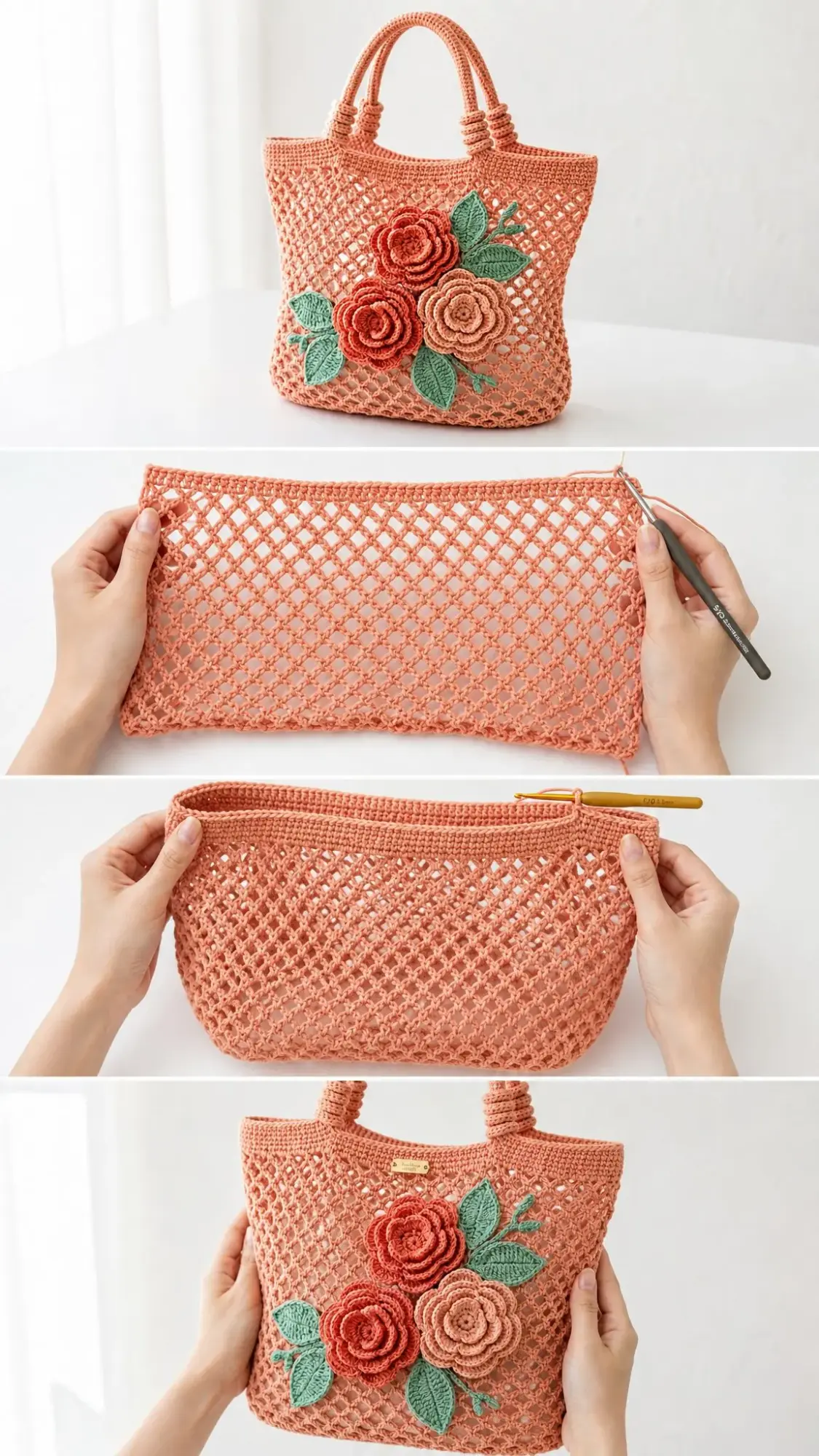 Coral Camellia Net Market Bag Free Crochet Pattern