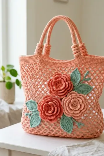 Coral Camellia Net Market Bag Free Crochet Pattern