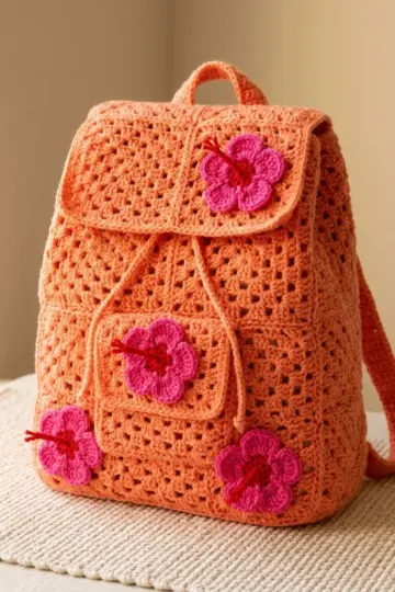 Coral Hibiscus Tropical Backpack Free Crochet Pattern