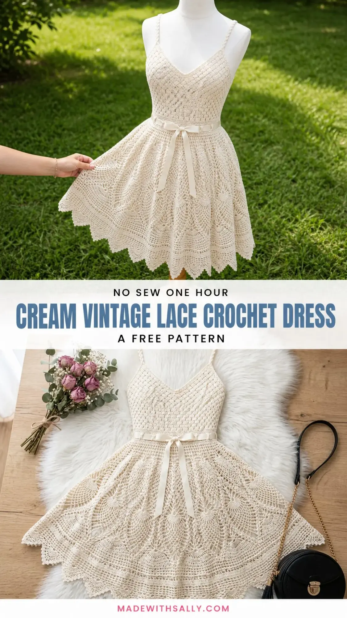 Cream Vintage Lace Crochet Dress Free Pattern