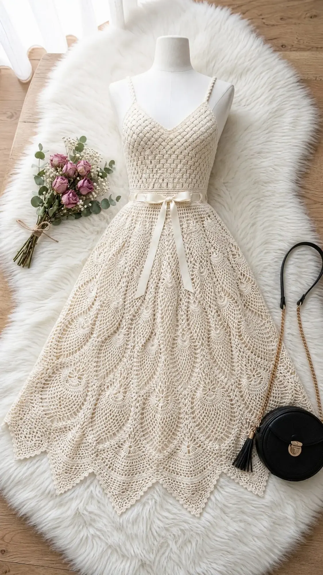 Cream Vintage Lace Crochet Dress Free Pattern
