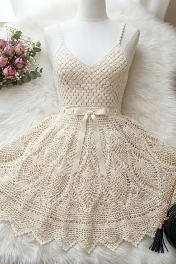 Cream Vintage Lace Crochet Dress Free Pattern