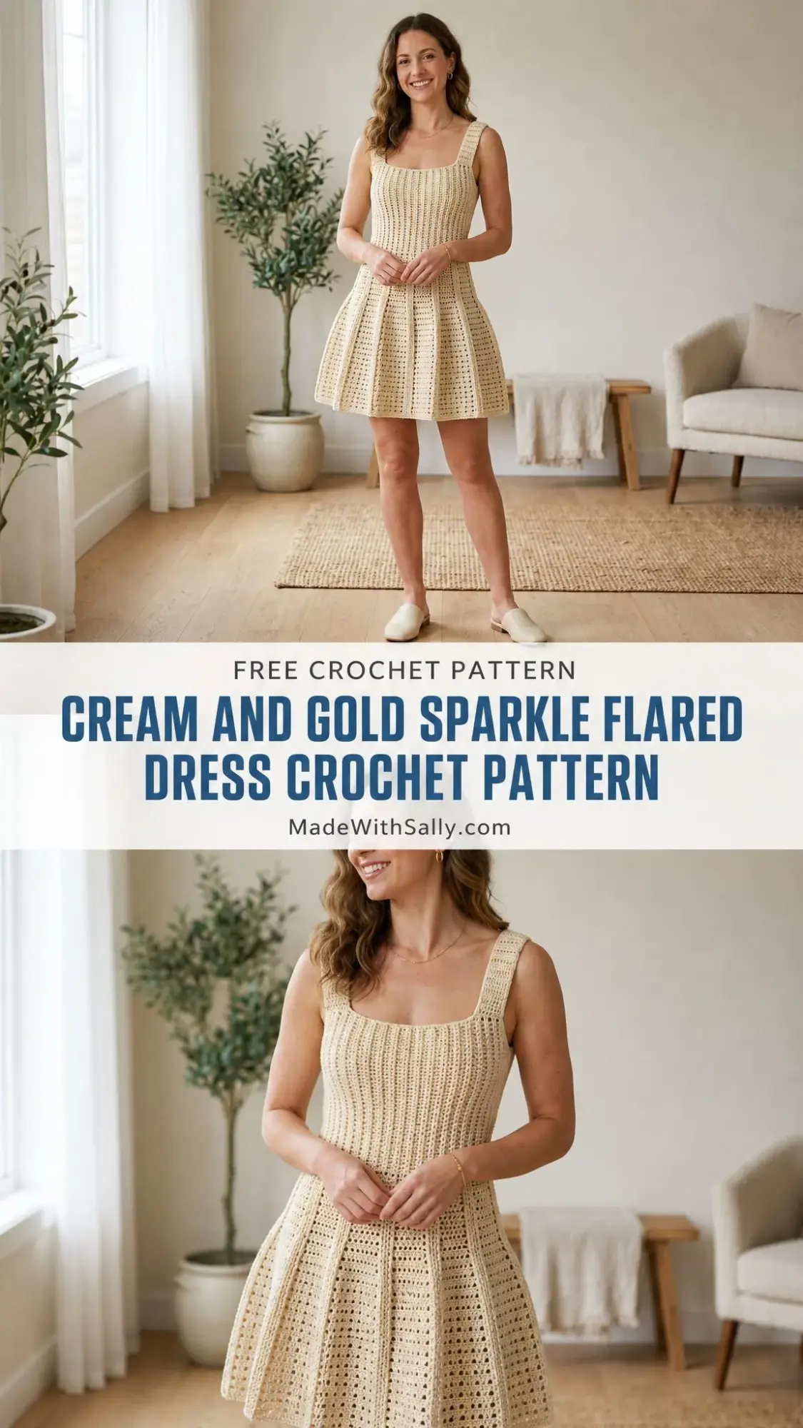 Cream and Gold Sparkle Flared Dress Crochet Pattern