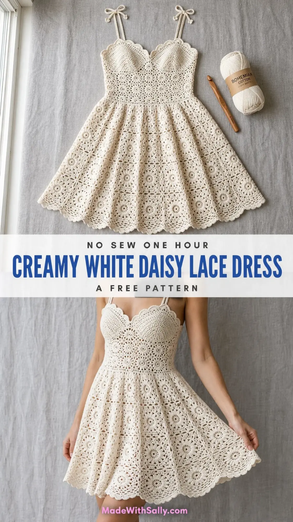 Creamy White Daisy Lace Crochet Dress Free Pattern