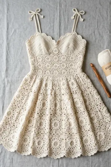 Creamy White Daisy Lace Crochet Dress Free Pattern