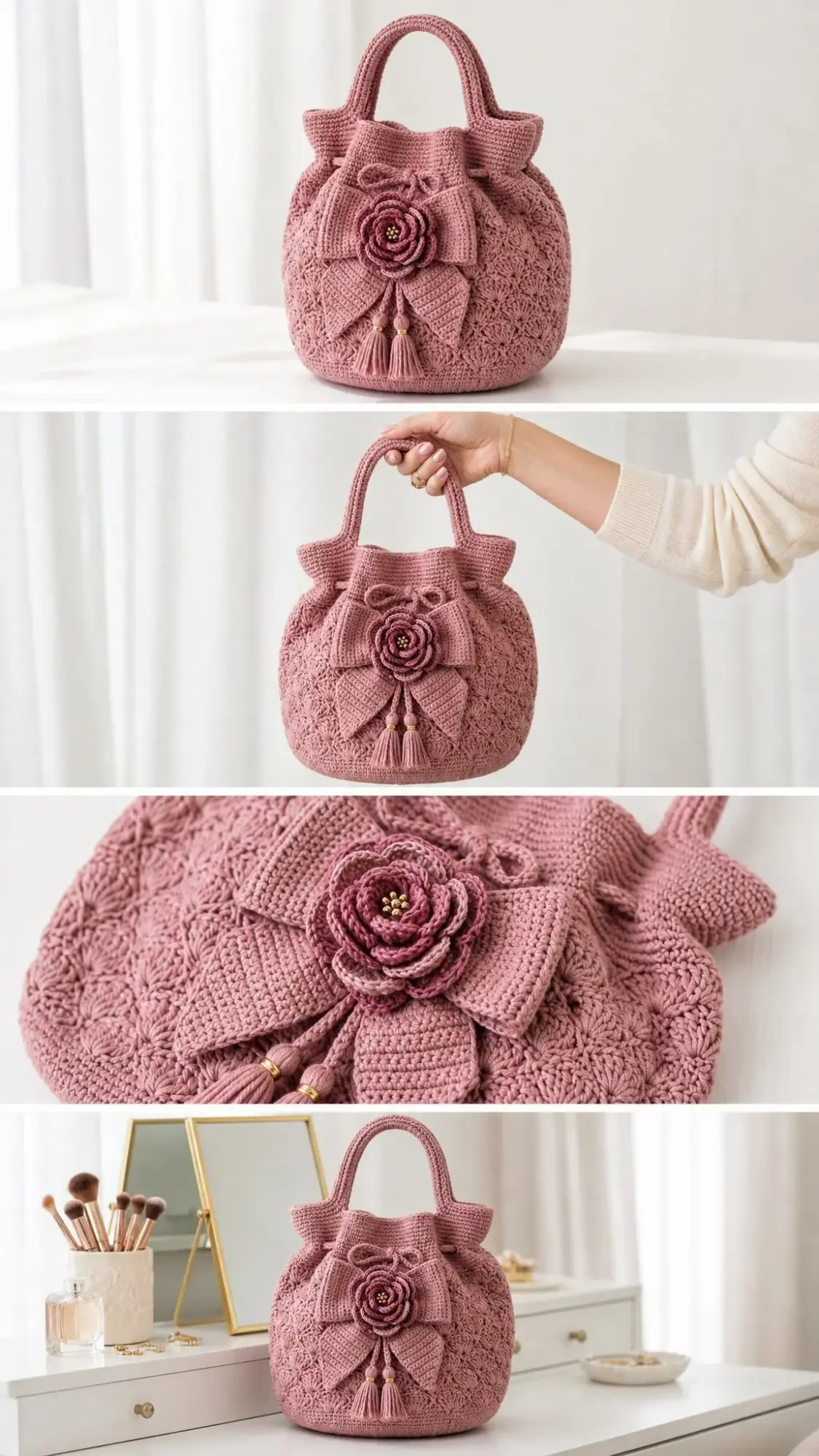 Dusty Rose Valentine Bow Handbag Free Crochet Pattern