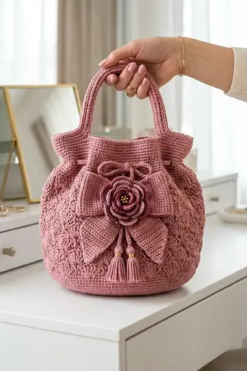 Dusty Rose Valentine Bow Handbag Free Crochet Pattern