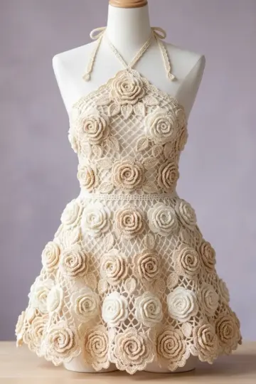 Ivory Cream Bridal Rose Dress Free Crochet Pattern