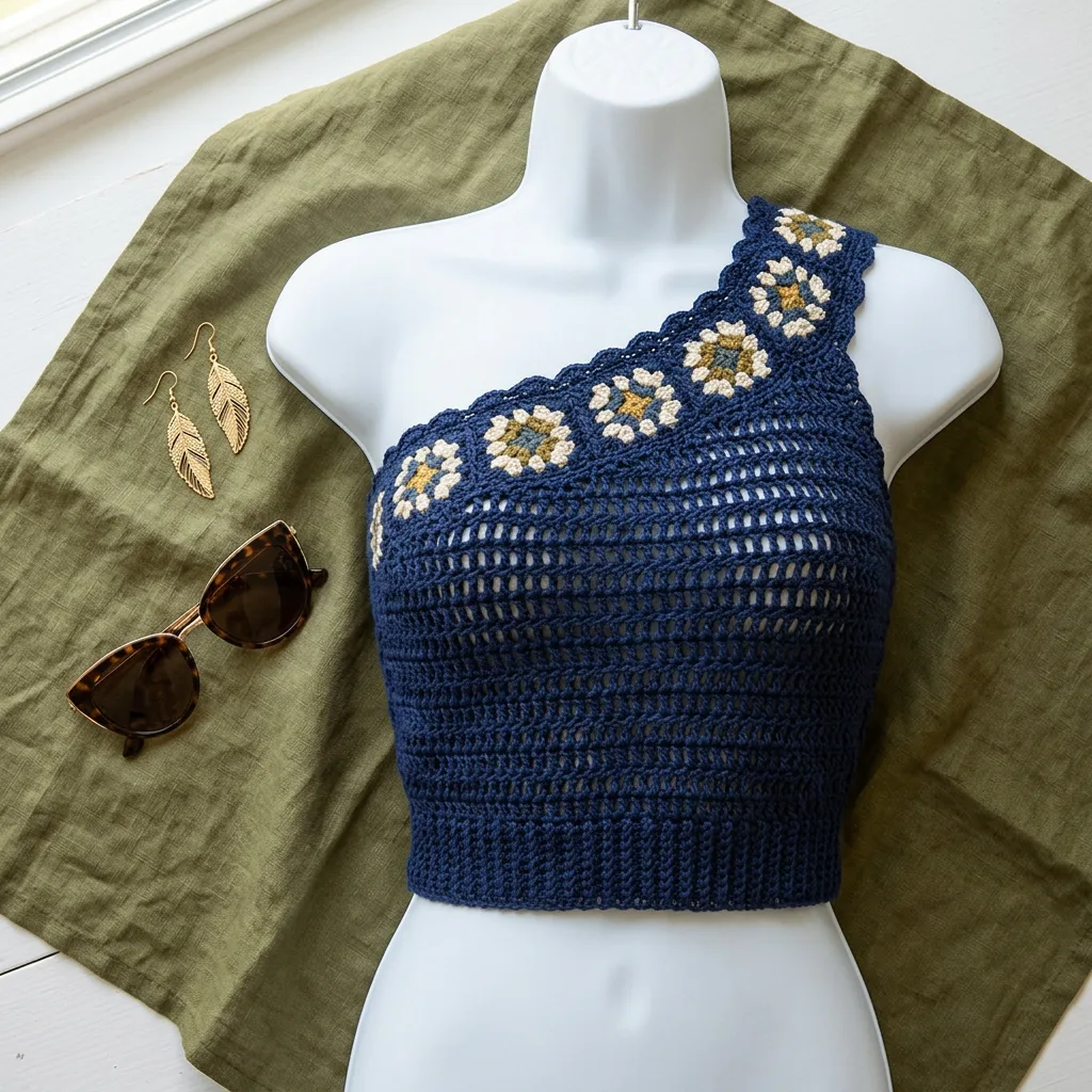 Midnight Blue Boho One Shoulder Top Free Crochet Pattern