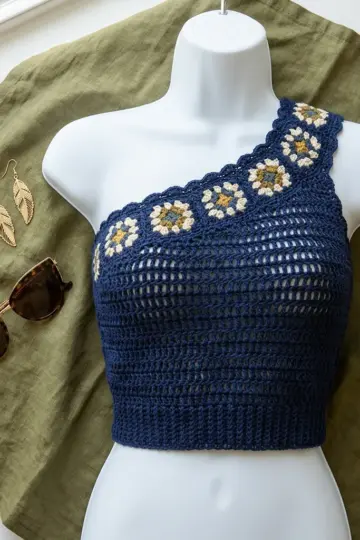 Midnight Blue Boho One Shoulder Top Free Crochet Pattern