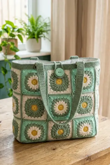 Mint Meadow Granny Square Tote Free Crochet Pattern