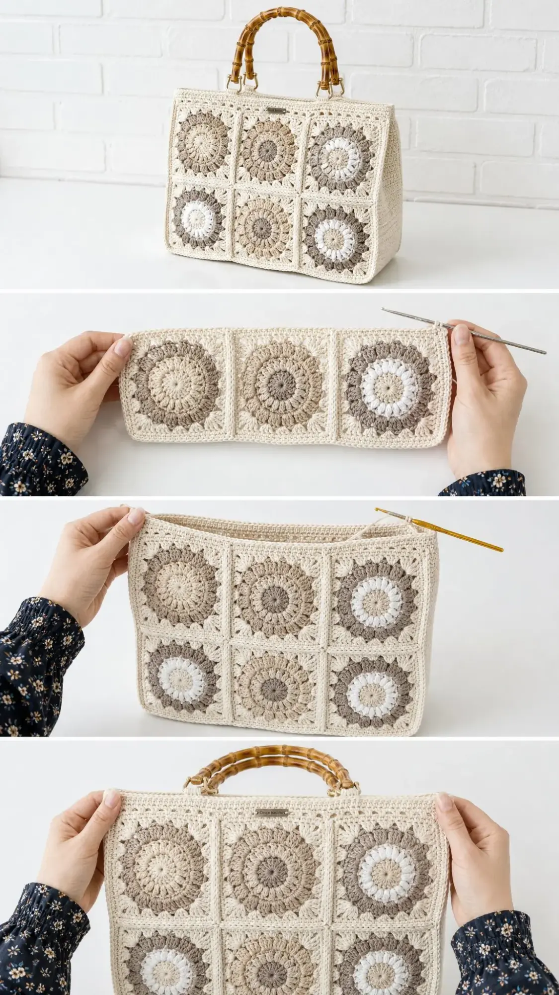 Monochrome Cream Granny Square Bag Free Crochet Pattern