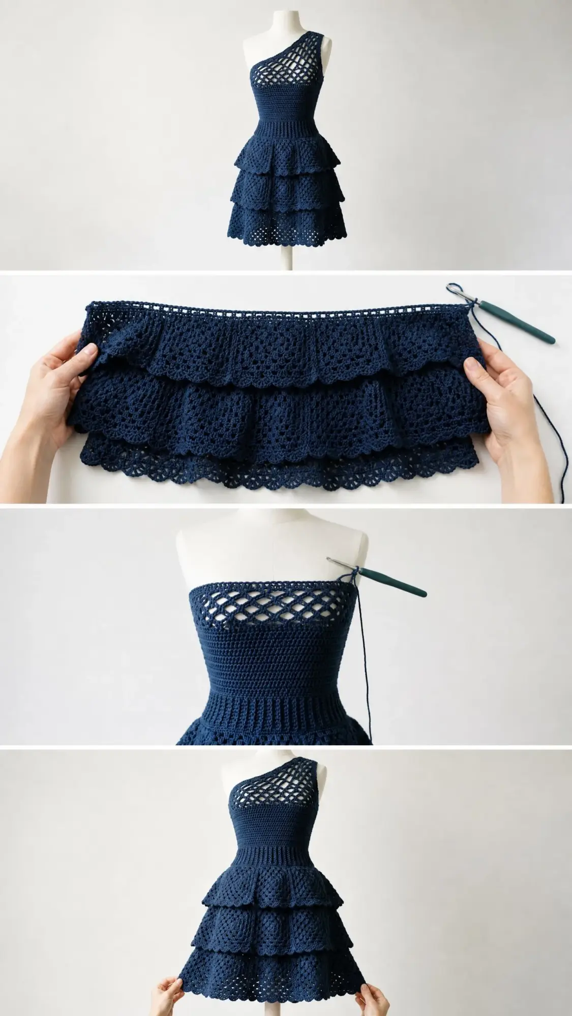 Navy Blue Elegant Tiered Ruffle Dress Free Crochet Pattern