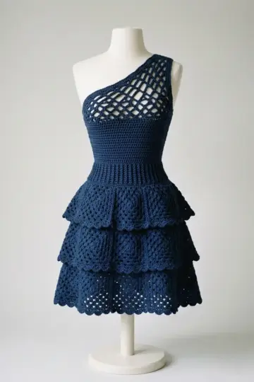 Navy Blue Elegant Tiered Ruffle Dress Free Crochet Pattern