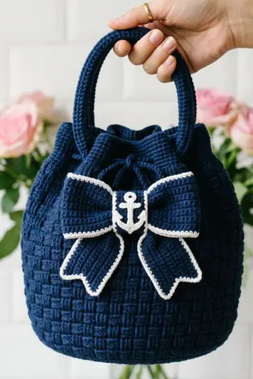 Navy Blue Nautical Bow Handbag Free Crochet Pattern