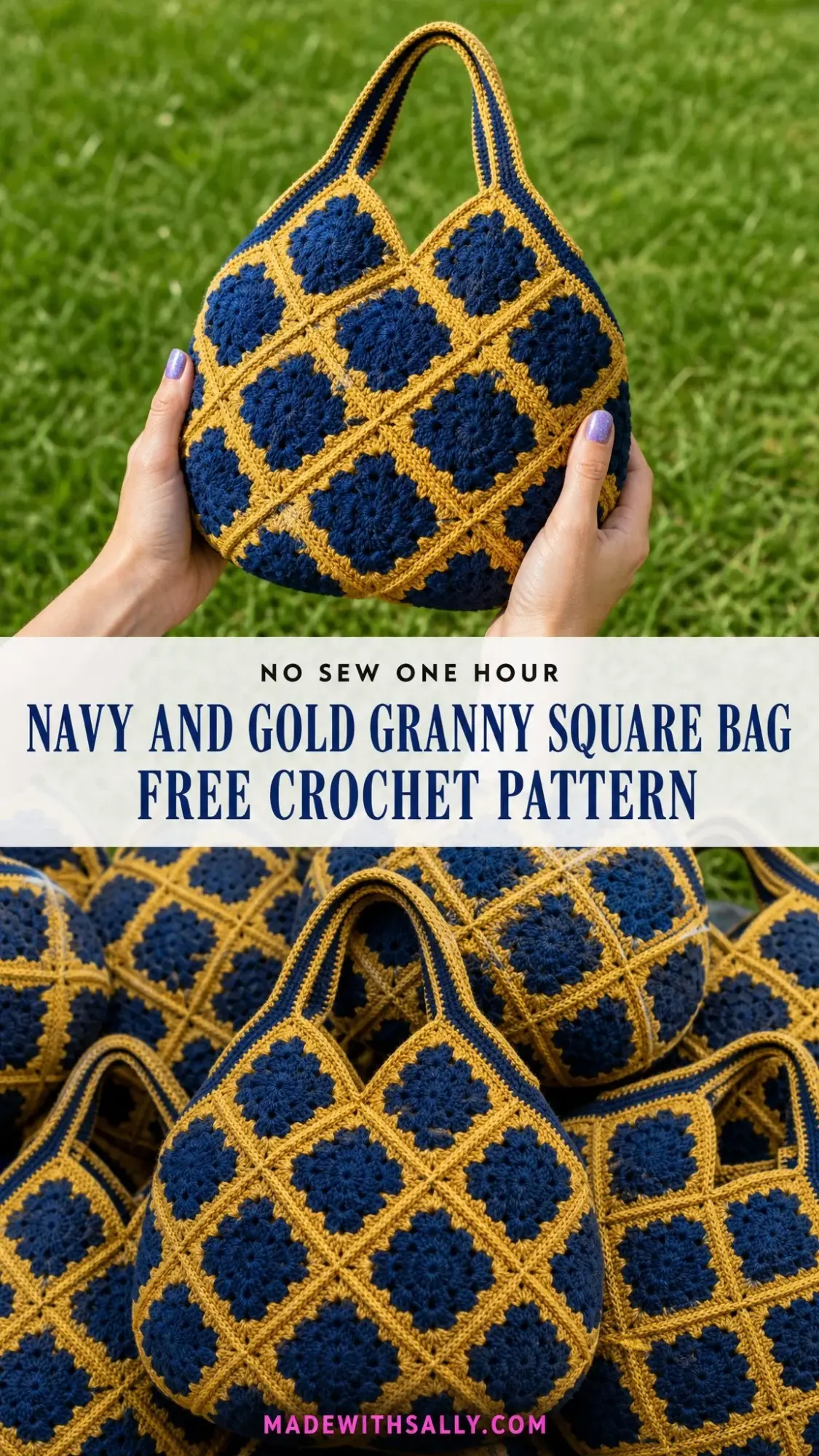 Navy and Gold Granny Square Bag Free Crochet Pattern