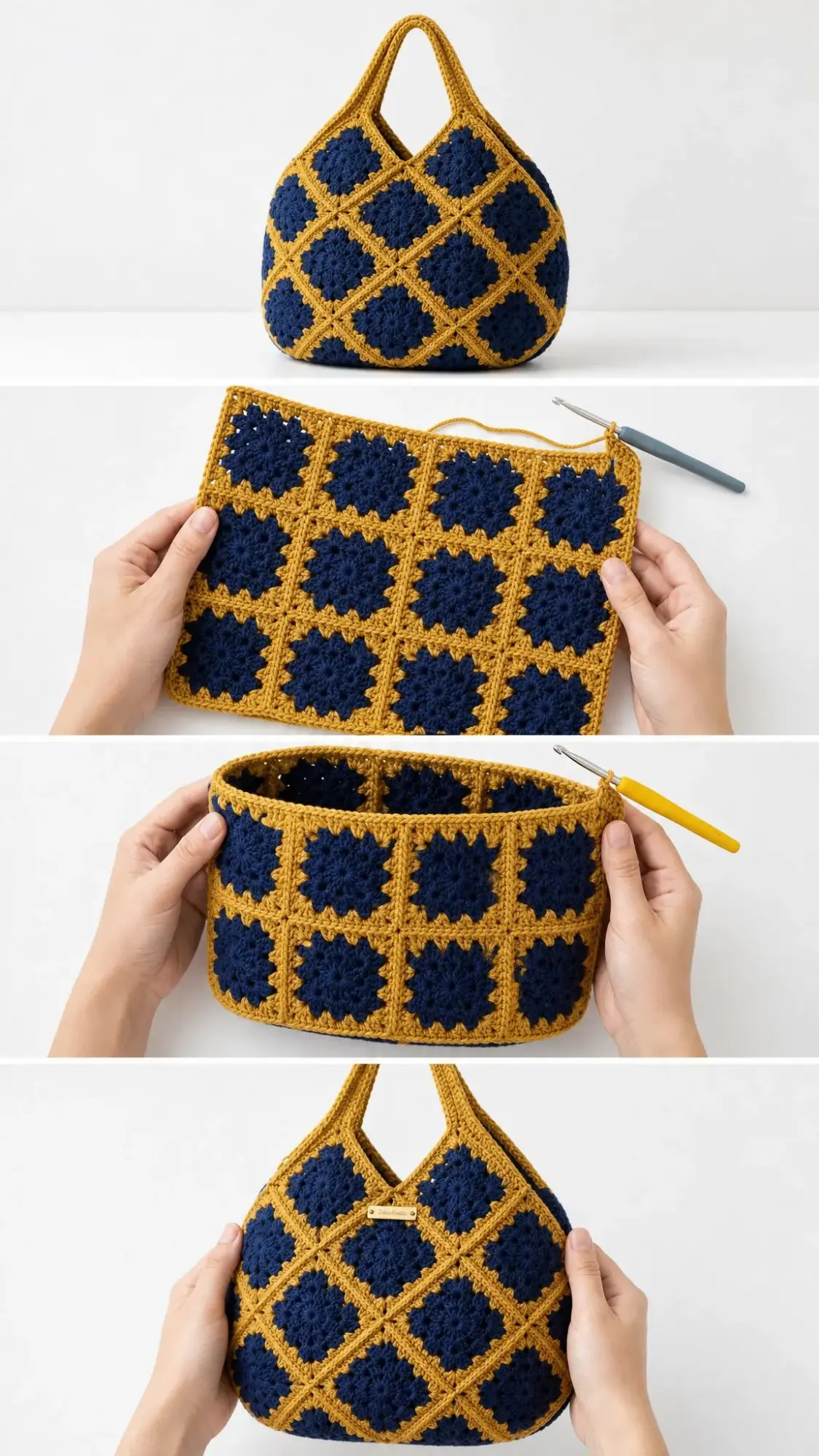 Navy and Gold Granny Square Bag Free Crochet Pattern
