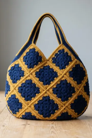 Navy and Gold Granny Square Bag Free Crochet Pattern