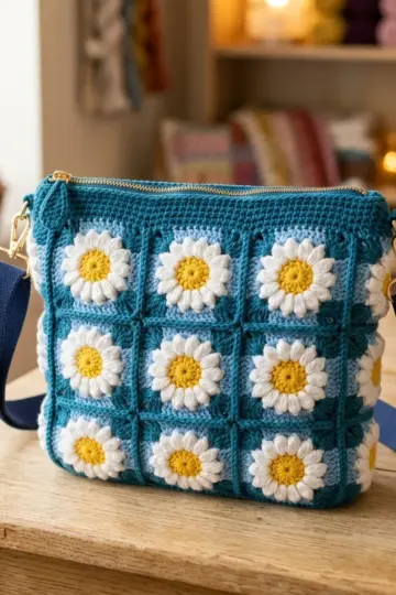 Ocean Blue Floral Granny Pouch Free Crochet Pattern