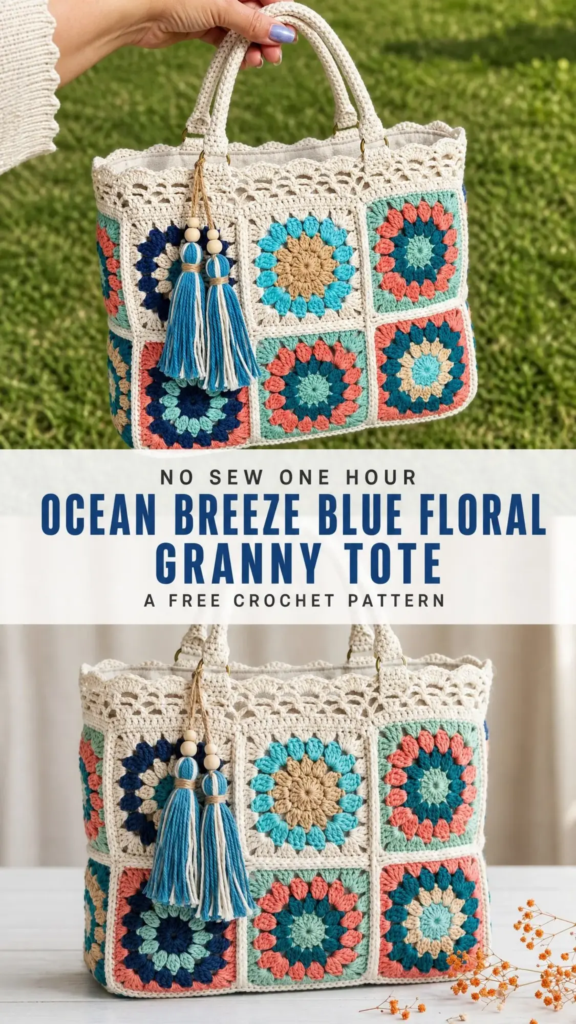 Ocean Breeze Blue Floral Granny Tote Free Crochet Pattern