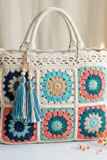Ocean Breeze Blue Floral Granny Tote Free Crochet Pattern
