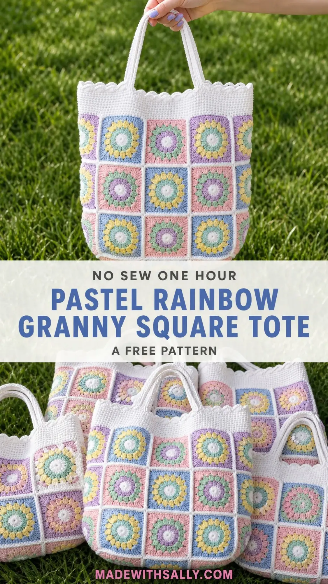 Pastel Rainbow Granny Square Tote Free Crochet Pattern