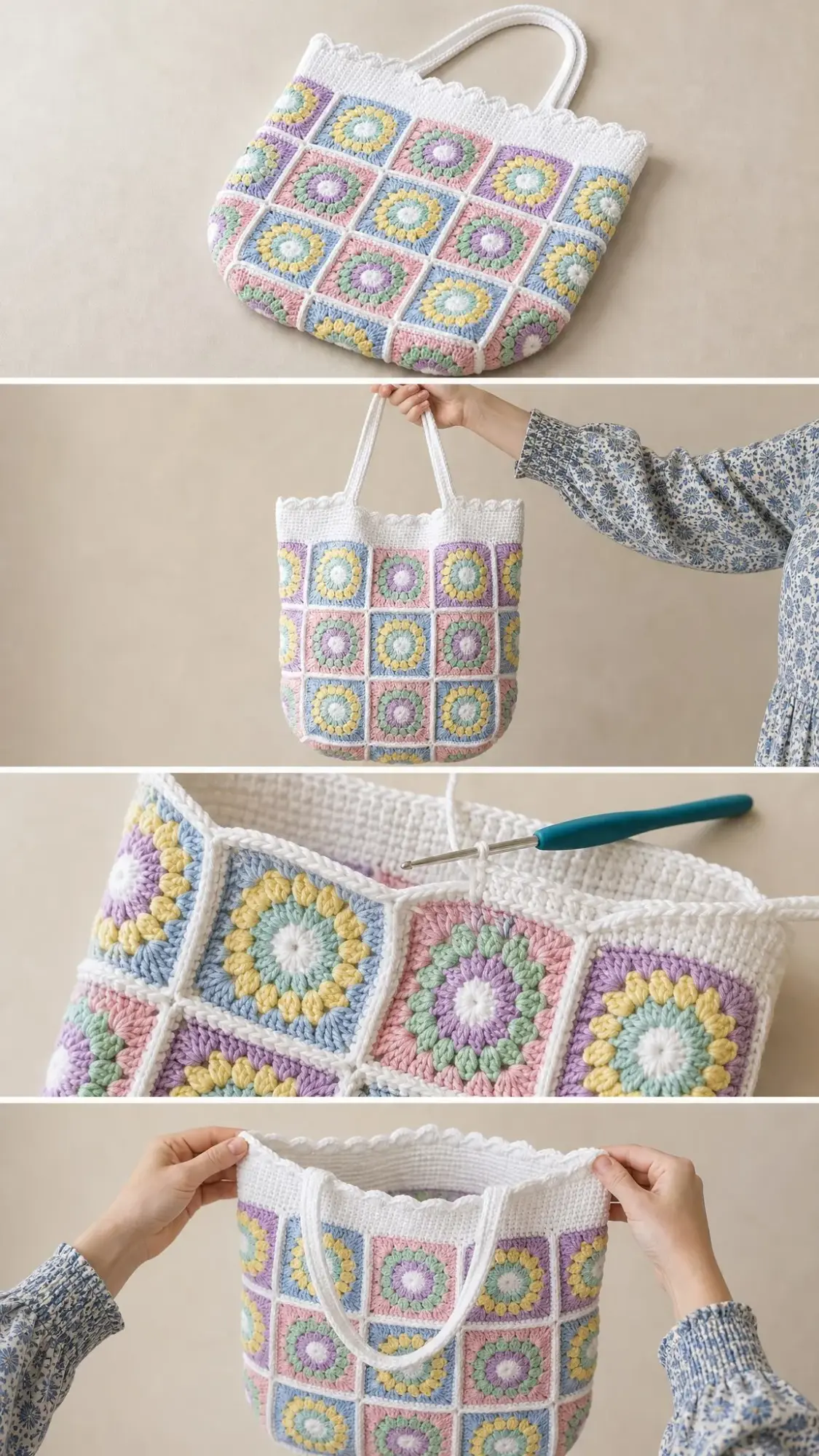 Pastel Rainbow Granny Square Tote Free Crochet Pattern