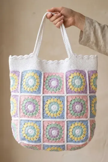 Pastel Rainbow Granny Square Tote Free Crochet Pattern