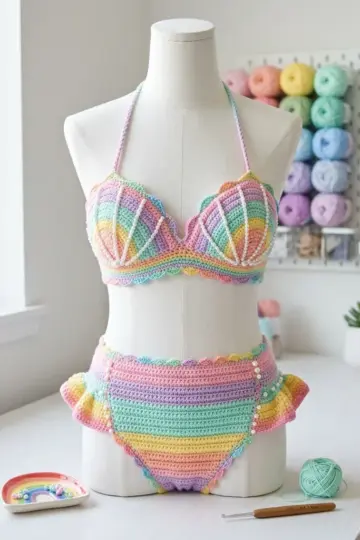 Pastel Rainbow Shell Bikini Crochet Free Pattern