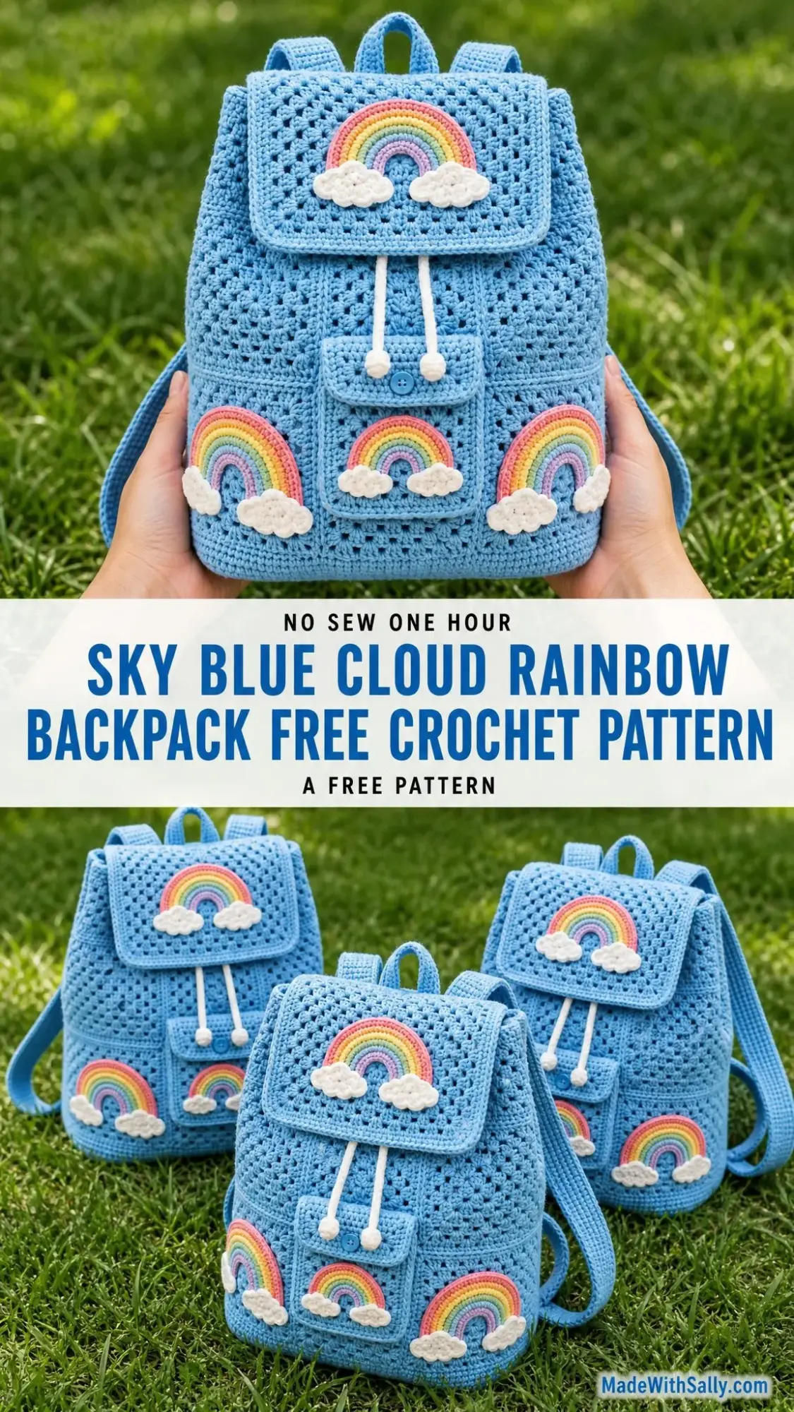 Sky Blue Cloud Rainbow Backpack Free Crochet Pattern