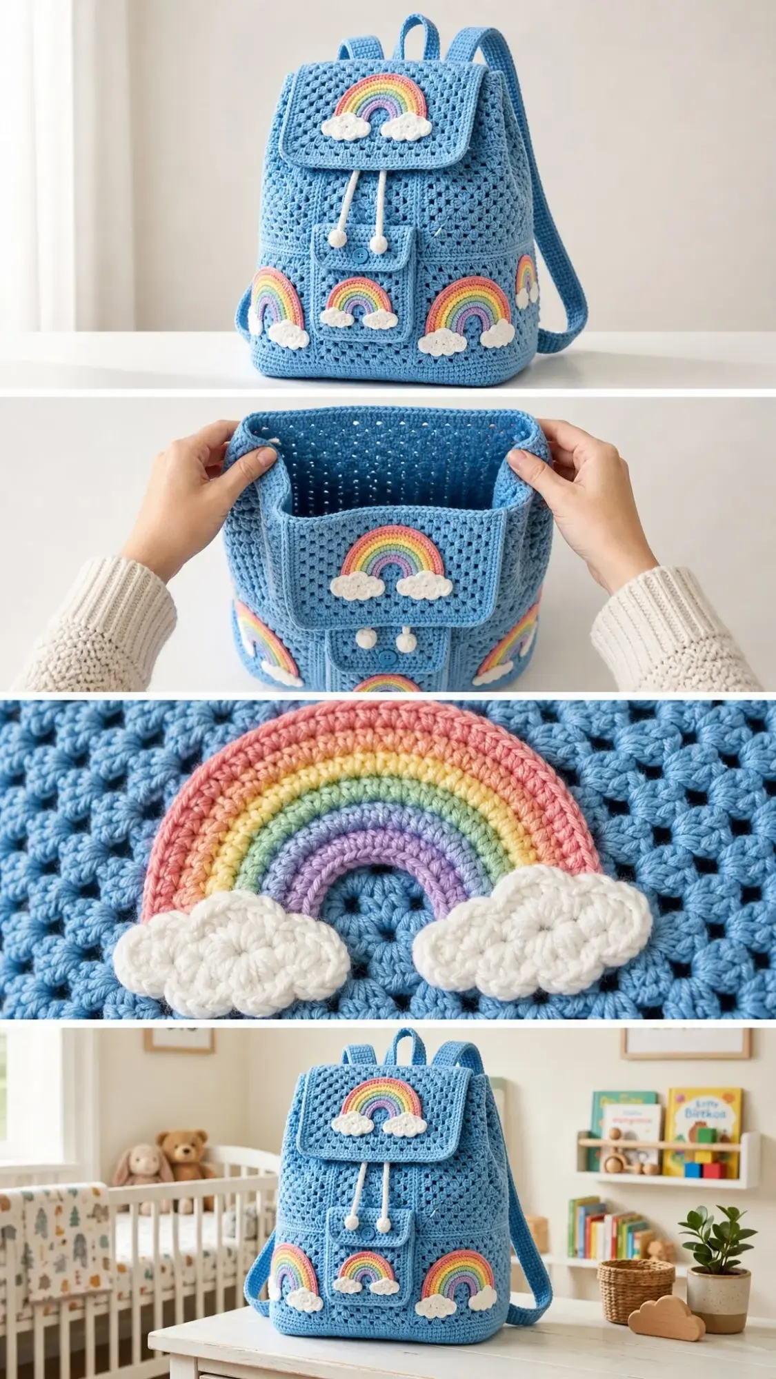 Sky Blue Cloud Rainbow Backpack Free Crochet Pattern